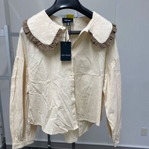 Cream and Brown Ruffle Collar Button Down Shirt